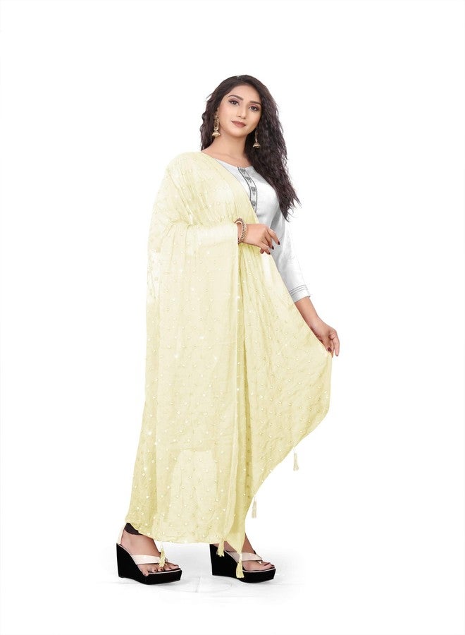 themilestocks TMS Woman's Embroidered Chiffon Dupatta Scarf Shawl Wrap Soft Indian Bridal Wedding (Cream) - Image 3